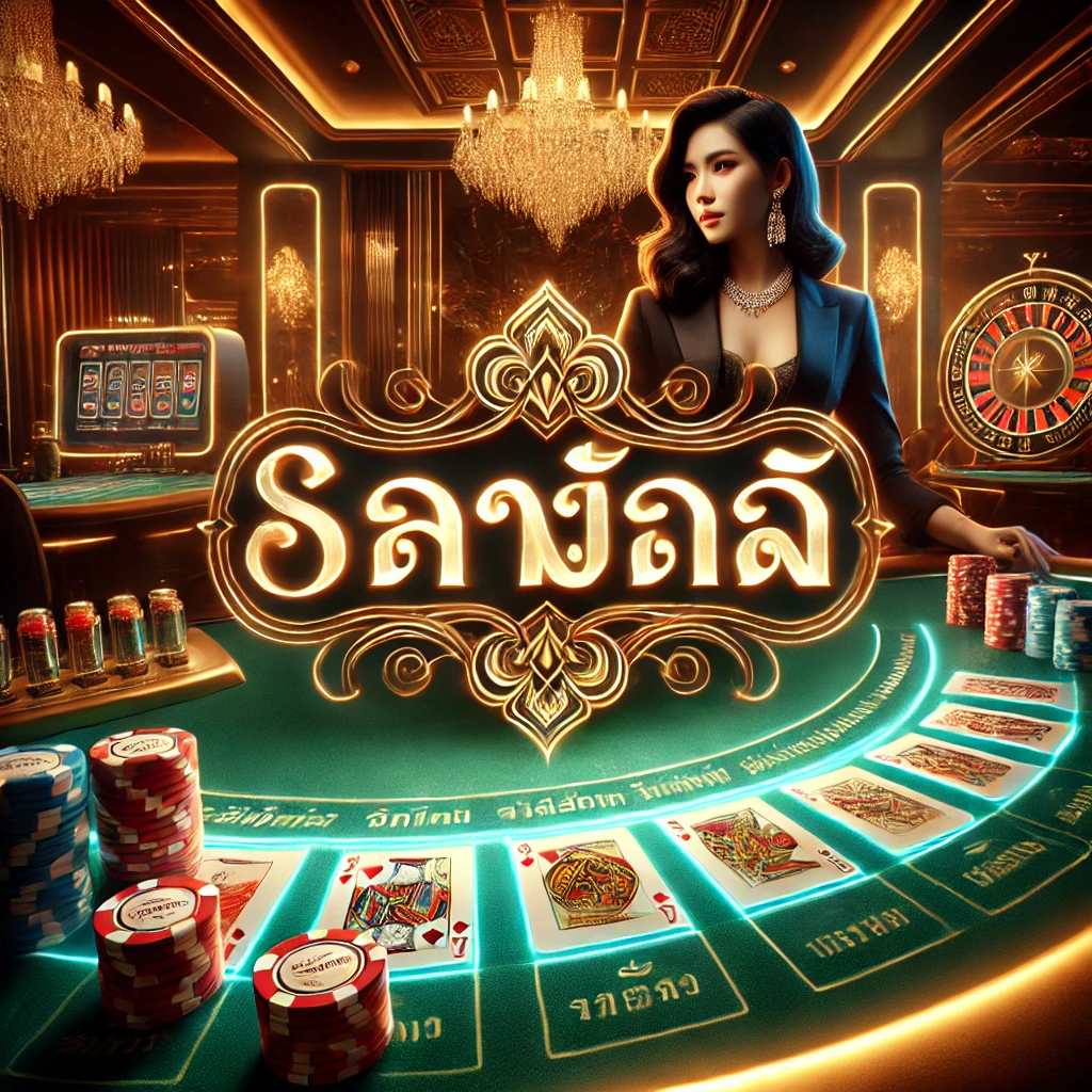 DALL·E 2024 11 30 11.30.11 A visually stunning online baccarat setup featuring a luxurious casino table with cards and chips showcasing the text SA บาคาร่าออนไลน์ in Thai. Th