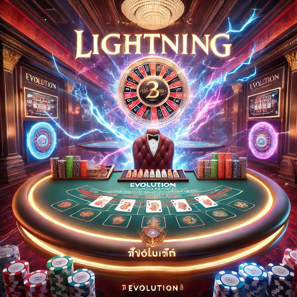 DALL·E 2024 12 03 02.26.28 A visually stunning Lightning Baccarat setup by Evolution Gaming featuring a luxurious casino table with cards and chips. The scene includes dynamic