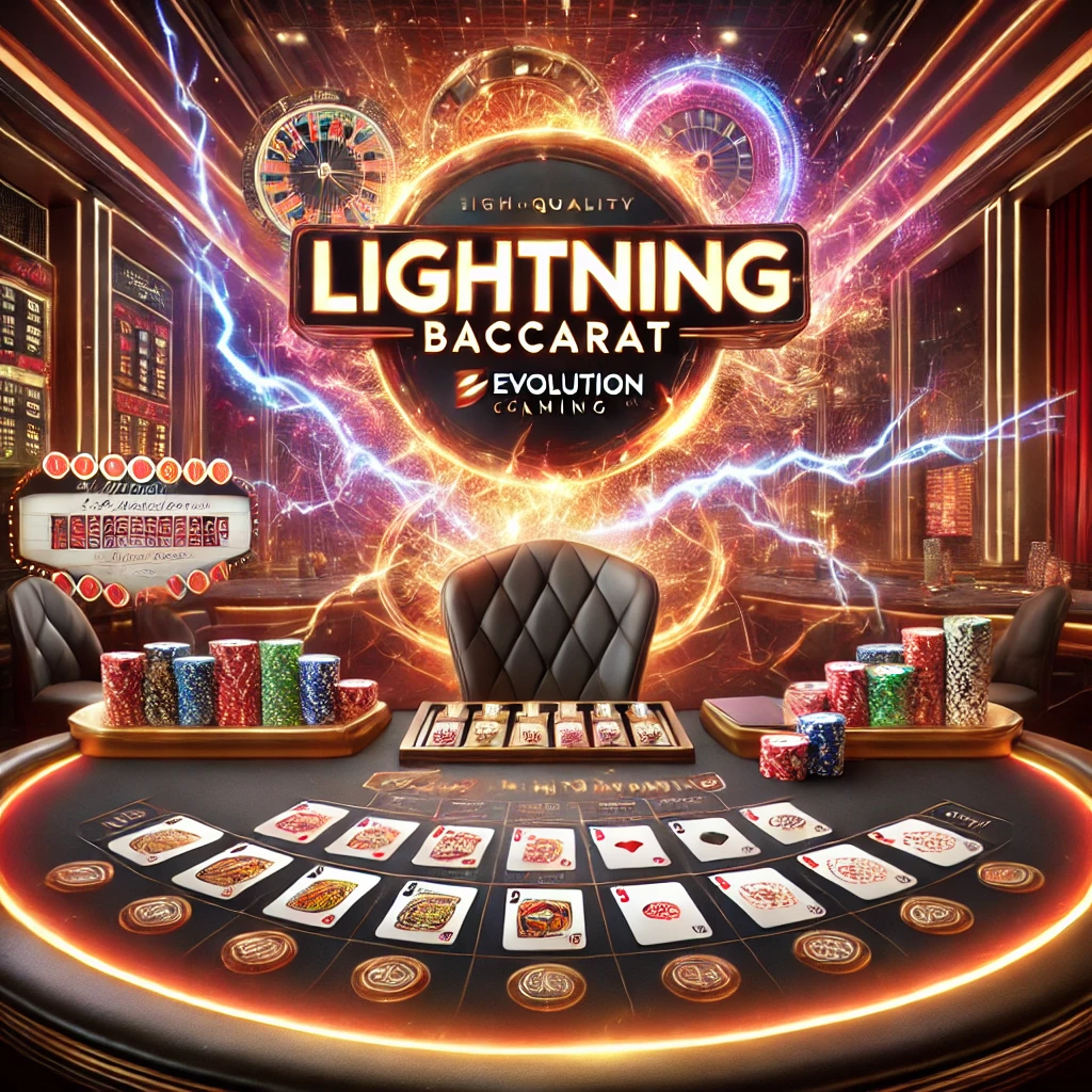 DALL·E 2024 12 03 02.30.44 A high quality visually captivating Lightning Baccarat setup by Evolution Gaming. The scene showcases a luxurious casino table with beautifully arran