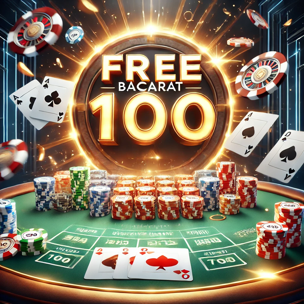 DALL·E 2024 12 07 10.27.50 A visually engaging and professional illustration representing บาคาร่าฟรี100 Free Baccarat 100 featuring a baccarat table with chips playing car