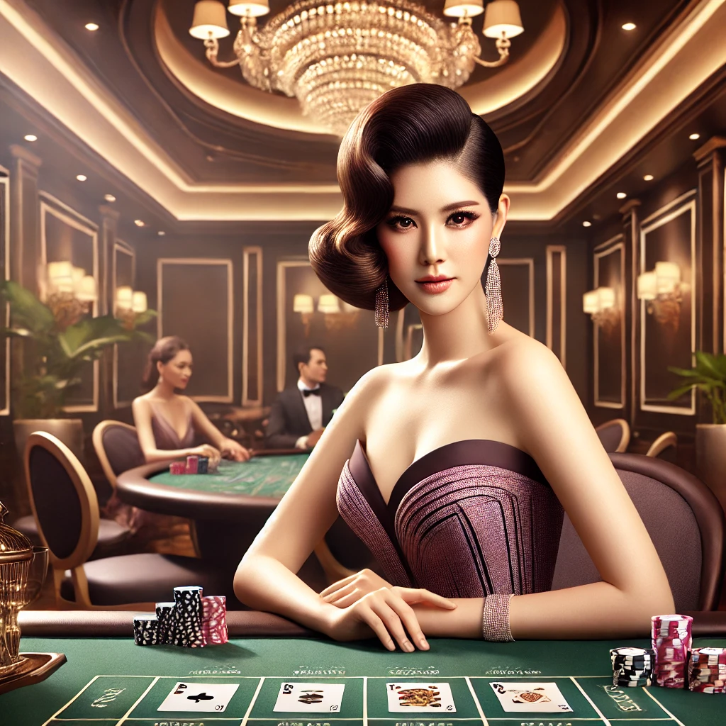 DALL·E 2024 12 08 09.50.07 A luxurious and captivating illustration of a glamorous woman in a stylish evening gown sitting confidently at a baccarat table representing บาคาร่า