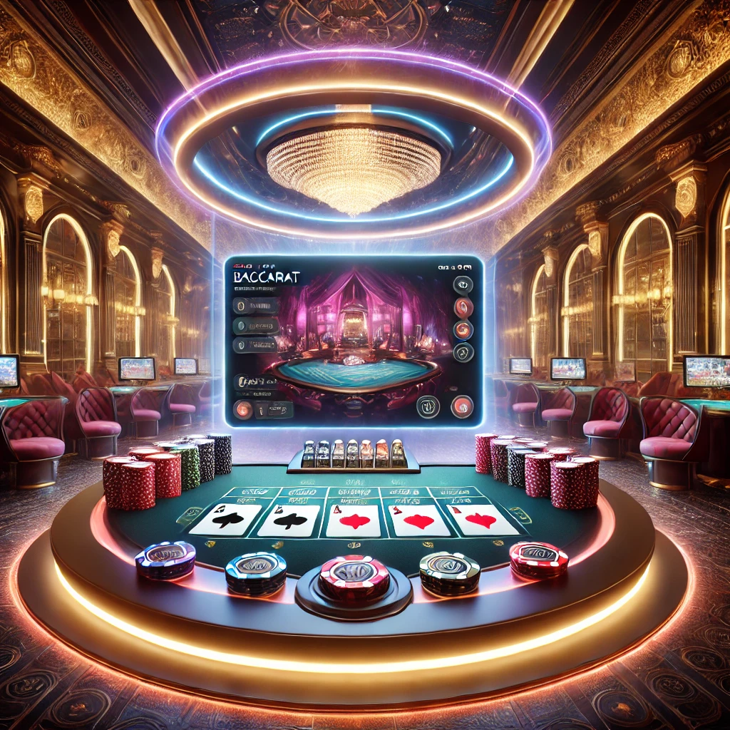 DALL·E 2024 12 09 05.50.50 A visually captivating illustration of an online baccarat gaming setup featuring a luxurious casino ambiance. The scene includes a sleek digital inter