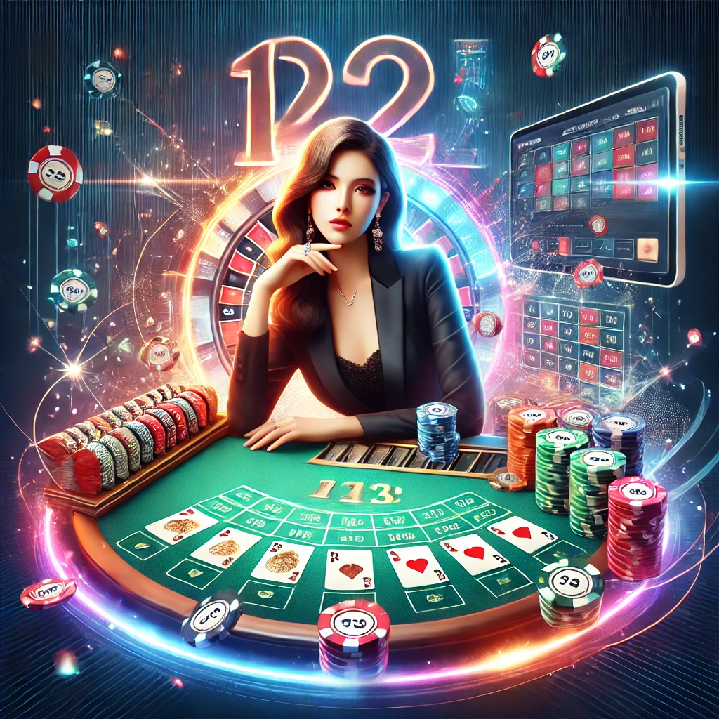 DALL·E 2024 12 10 05.49.09 A vibrant and modern illustration representing 123บาคาร่าออนไลน์ featuring a luxurious online casino theme. The image includes a stylish baccarat t 1