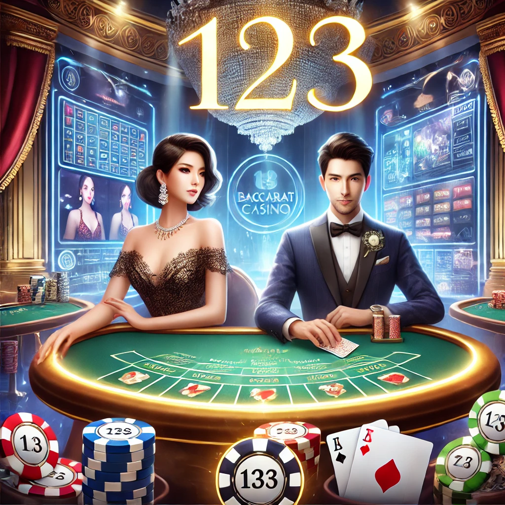 DALL·E 2024 12 10 05.50.19 A stylish and vibrant illustration representing 123บาคาร่าออนไลน์ featuring a glamorous woman and a well dressed man seated at a luxurious baccarat