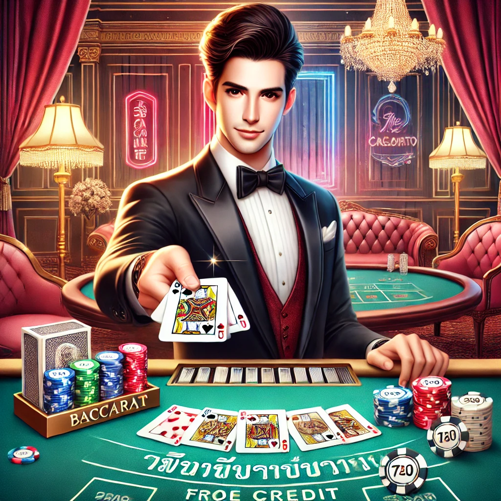 DALL·E 2024 12 14 13.20.40 A captivating illustration representing บาคาร่าเครดิตฟรี Baccarat Free Credit with a glamorous male dealer distributing cards at a casino table. T