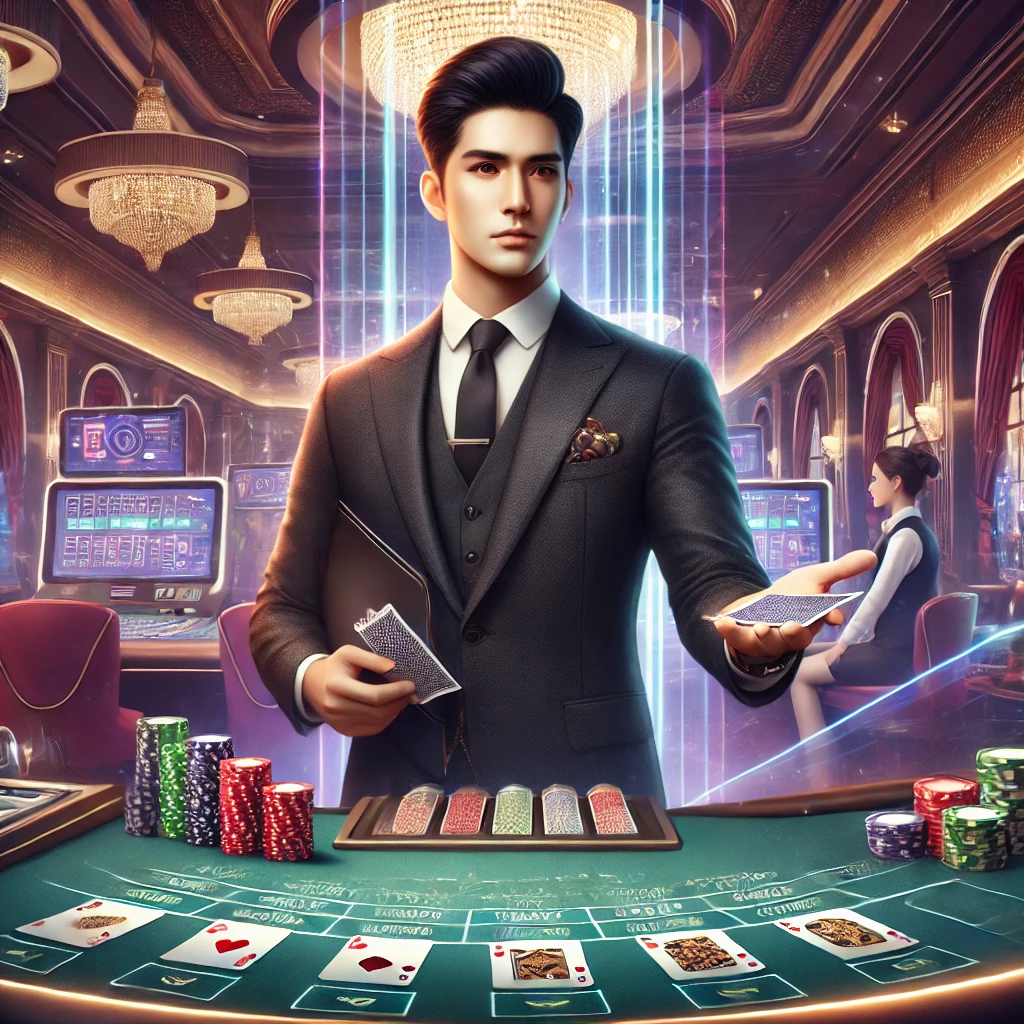 DALL·E 2024 12 16 06.08.43 A captivating and professional illustration representing สมัครบาคาร่าเว็บตรง featuring a well dressed male dealer distributing cards at a luxurious