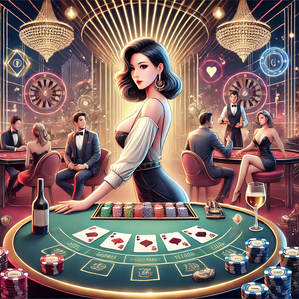 DALL·E 2024 12 17 05.37.06 A visually captivating and luxurious illustration representing เช็กชี่บาคาร่า Sexy Baccarat featuring a stylish casino table with cards and chips