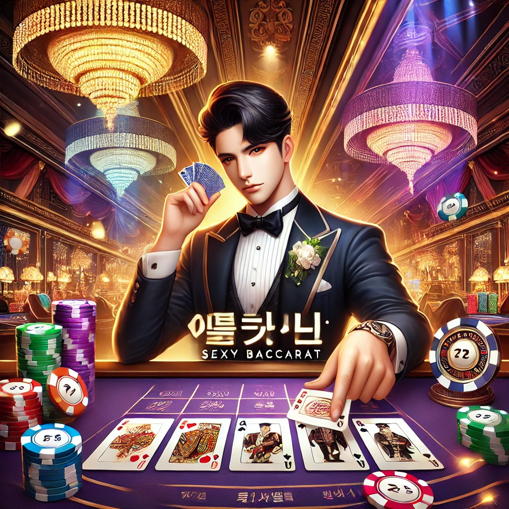 DALL·E 2024 12 17 05.38.07 A sophisticated and vibrant illustration representing เช็กชี่บาคาร่า Sexy Baccarat featuring a stylish male dealer dressed in a tuxedo dealing ca