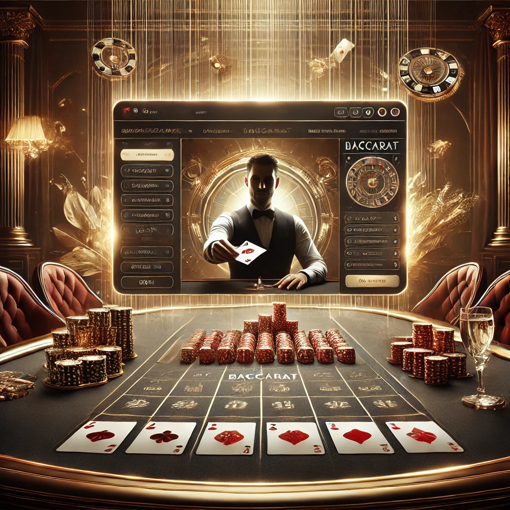 DALL·E 2024 12 19 09.29.04 A visually stunning and professional illustration of an online baccarat website experience featuring a sleek interface luxurious gaming table and c