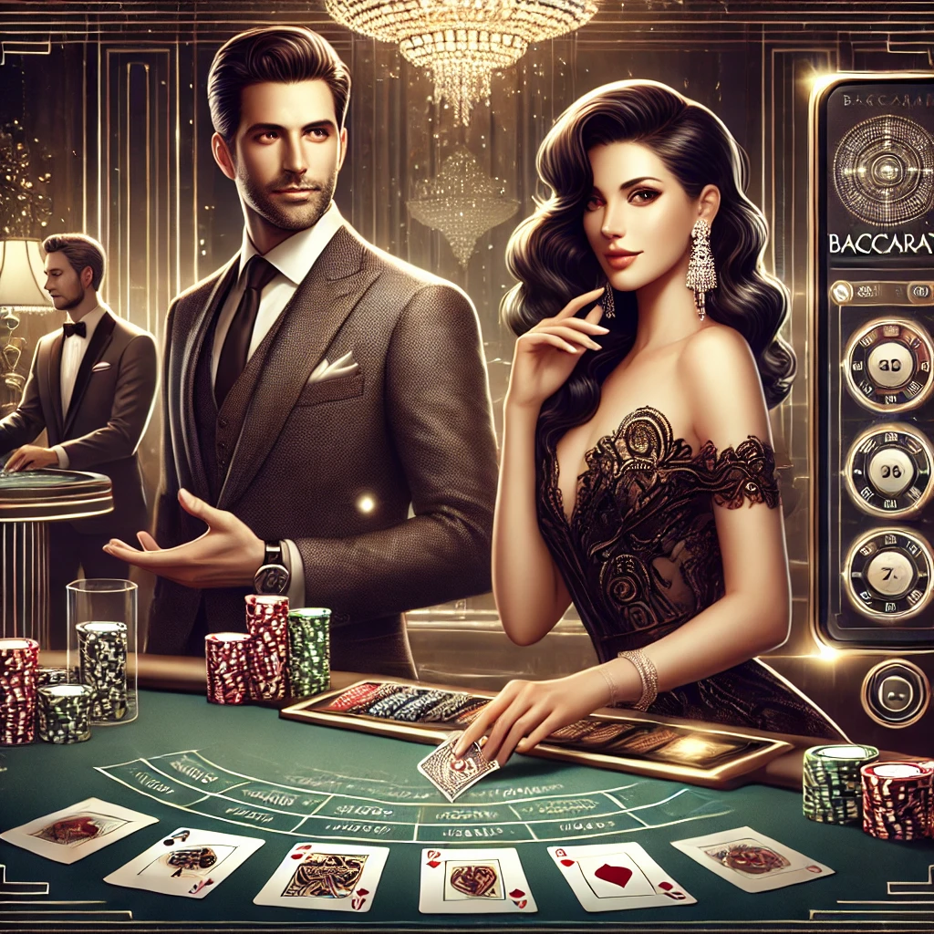 DALL·E 2024 12 19 09.33.18 A captivating and professional illustration of an online baccarat setting featuring both a stylish man and an elegant woman enjoying a game. The man i