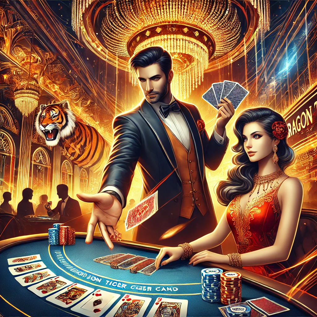 DALL·E 2024 12 23 07.19.18 A visually stunning and professional illustration of a Dragon Tiger card game in a luxurious casino setting. The image includes a table with a dealer 1 1