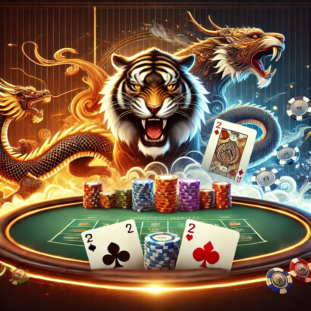 DALL·E 2024 12 23 07.20.01 An artistic and professional illustration representing the game Dragon Tiger เสือมังกร featuring a sleek and modern casino table setup with playing