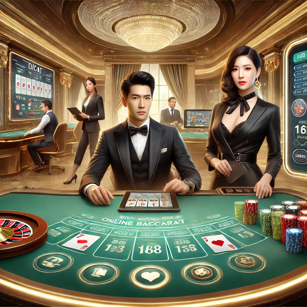 DALL·E 2025 01 10 07.15.53 A visually captivating illustration of an online baccarat platform named เว็บบาคาร่า168. The scene features a luxury gaming table with cards chips